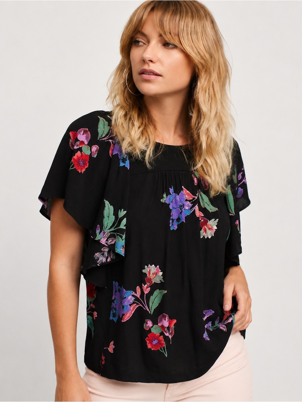 Anthropologie Maeve Prato Floral Flutter Sleeve Blouse XS Black Boho Viscose